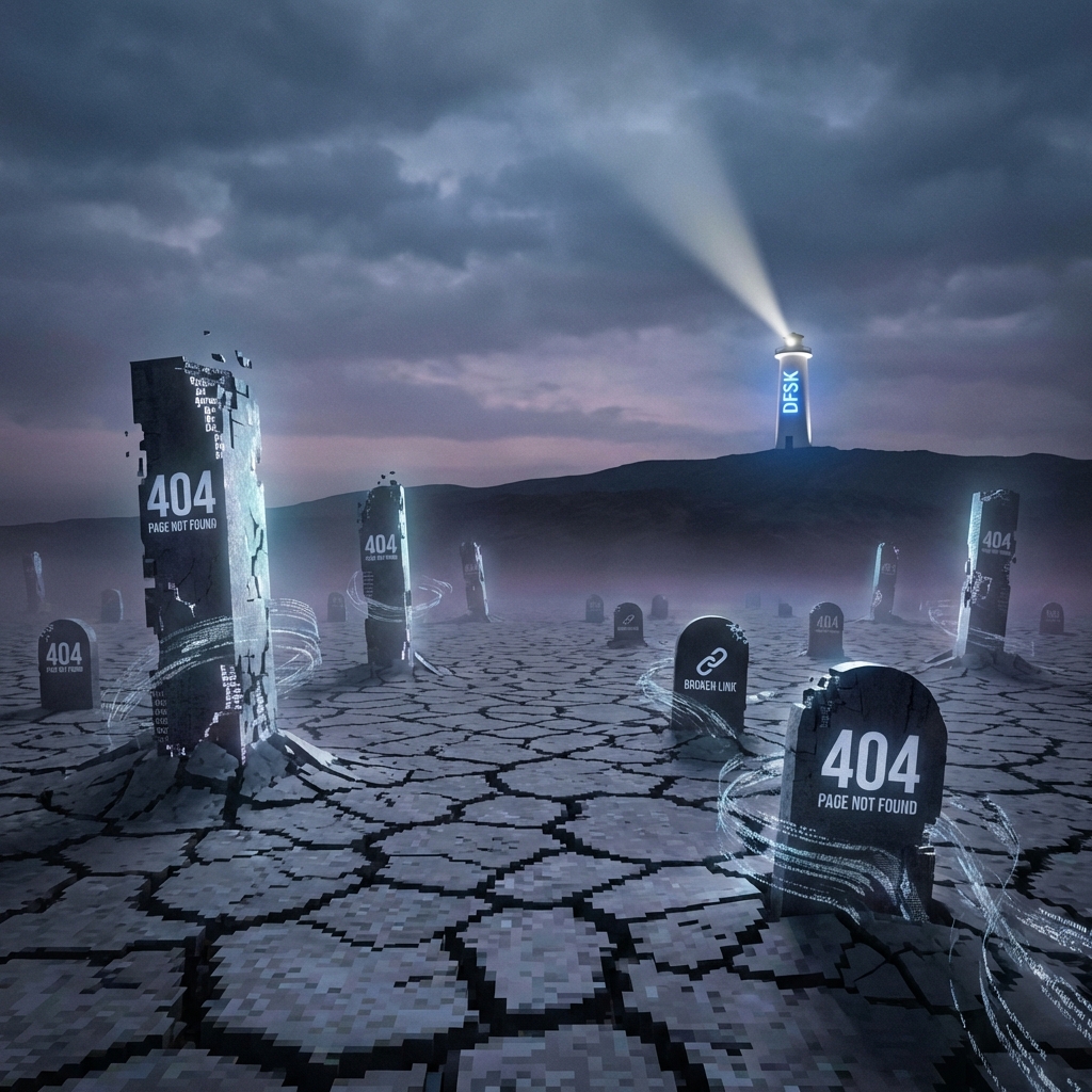 Digital graveyard of 404 errors with a beacon of light